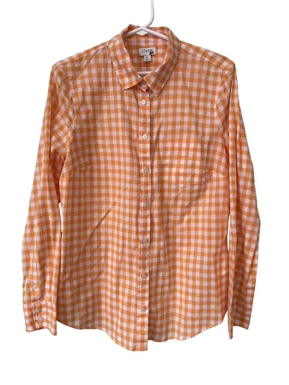 J. Crew Shirt Medium Gingham Button Up Long Sleeve Top Orange White Preppy NEW